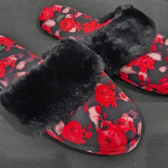 Victoria's Secret Red and Black Floral Slippers - Picture 1 of 6